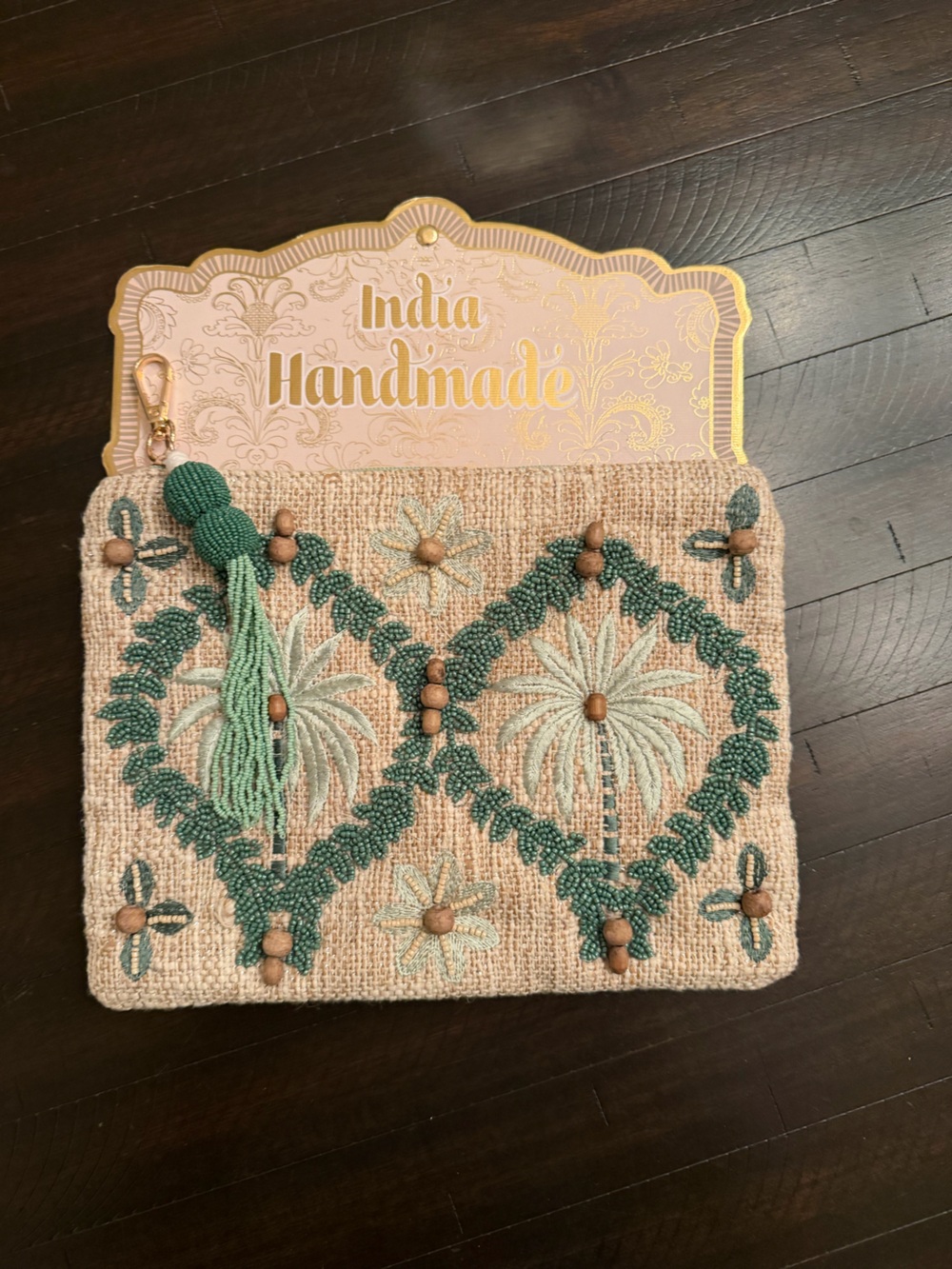 Handmade Embroidered Palm Wristlet Clutch - Green on Natural